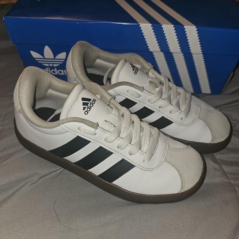 Adidas Kids White and Black Sneakers with Brown Sole